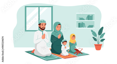 Family Praying Ramadhan Flat Minimalist Vector Illustration