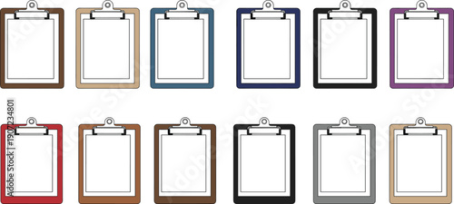 Set of colorful clipboard icons with blank paper sheets for business organization, medical checklists, task management, office surveys, and educational project planning vectors.