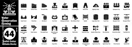 Water conservation farming icons. Collection of Irrigation and agriculture set of modern solid black symbols and pictograms for smart farming concepts vector illustration.