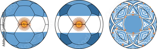 Argentina football icon set with flag pattern soccer balls and decorative geometric design