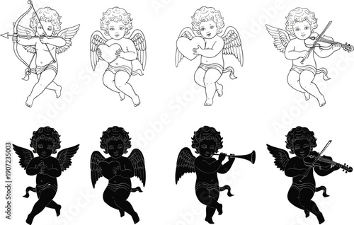 Vintage hand drawn cupid and cherub vector set with romantic angels holding hearts, playing violin, and shooting bow for Valentine's Day wedding designs.