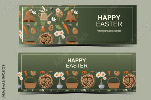Happy Easter Horizontal Banner Template Set. Perfect for web headers and promotions. Green easter flyers set. Happy easter concept. Ideal for marketing and communication. Vector illustration