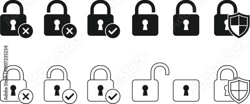 Digital security padlock icon collection including locked and unlocked states, data protection shields, access granted checkmarks, and denied entry cross symbols.
