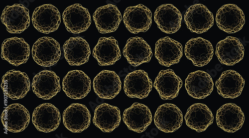 "Grid of thirty-five circular golden-yellow filament patterns on black background, intricate designs resembling neural networks or biological cells for scientific visualization, data modeling, and cre