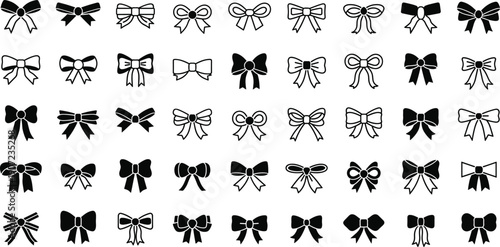 Decorative ribbon bow vector icon set with various knotted styles in solid black and outline for gift packaging, fashion accessories, and greeting cards.