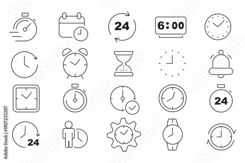 Time and Scheduling line icon set. Contains symbols for clock, calendar, deadline, hourglass, and workflow management. Editable vector design for web, app, and corporate presentations.