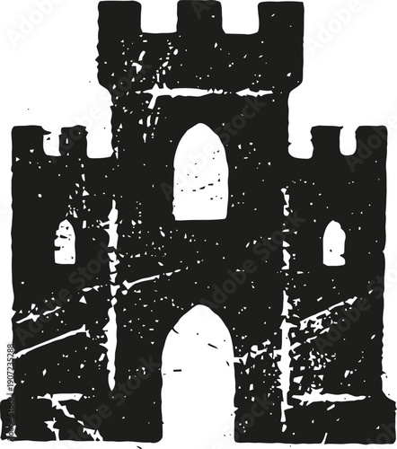 Grunge medieval castle silhouette with arched windows and battlements design