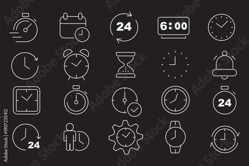 Time and Scheduling line icon set. Contains symbols for clock, calendar, deadline, hourglass, and workflow management. Editable vector design for web, app, and corporate presentations.