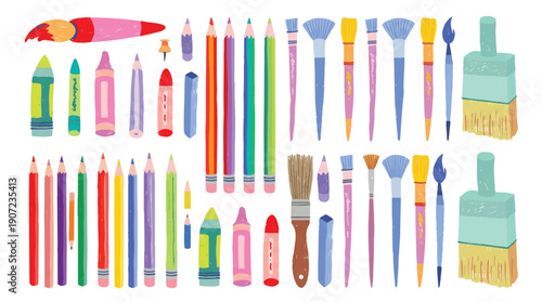 colorful art supplies on white background