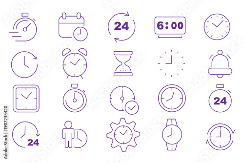 Time and Scheduling line icon set. Contains symbols for clock, calendar, deadline, hourglass, and workflow management. Editable vector design for web, app, and corporate presentations.