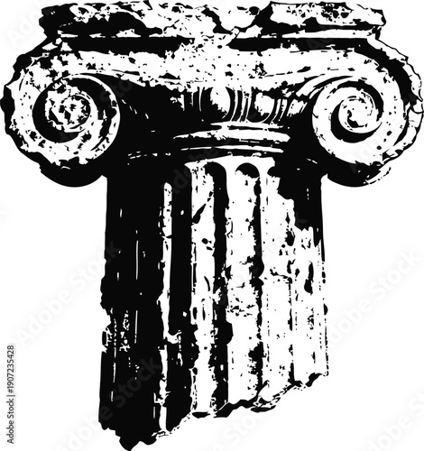 Grunge ancient ionic column capital with volutes and fluted shaft details, classical architecture element
