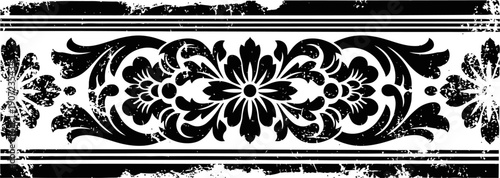 black floral vintage ornamental border with distressed grunge texture and symmetrical design