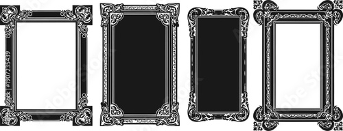 Elegant vintage ornamental frames with intricate floral corner designs in black and white set