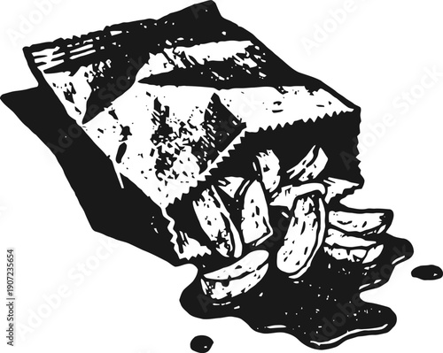 Open bag of spilled potato chips with crumbs and liquid drops illustration