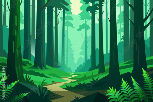 Serene forest landscape with winding path through tall trees and lush greenery