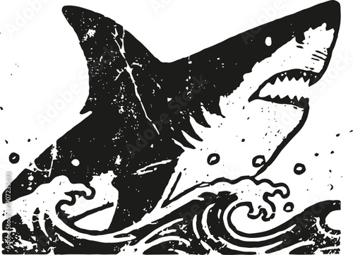 Illustration of a great white shark breaching ocean waves in bold black and white with splash effects