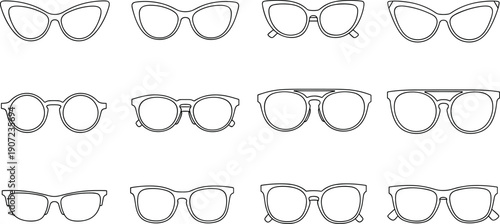 Fashion eyewear vector icon set with various glasses frame styles including cat-eye, round, aviator, and rectangular shapes for optical shop branding designs.