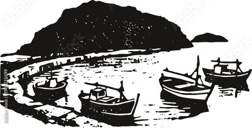 Fishing boats anchored in a calm harbor with a curved stone jetty and rocky island background