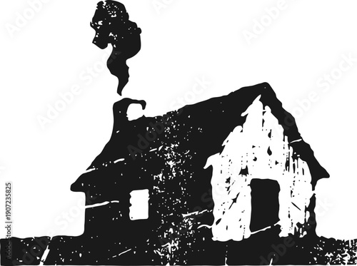 rustic countryside cabin with smoking chimney silhouette, vintage wooden house exterior