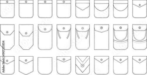Fashion technical flat vector set of garment pockets with patch pockets, flap pockets, button closures, and utility styles for apparel design tech packs.