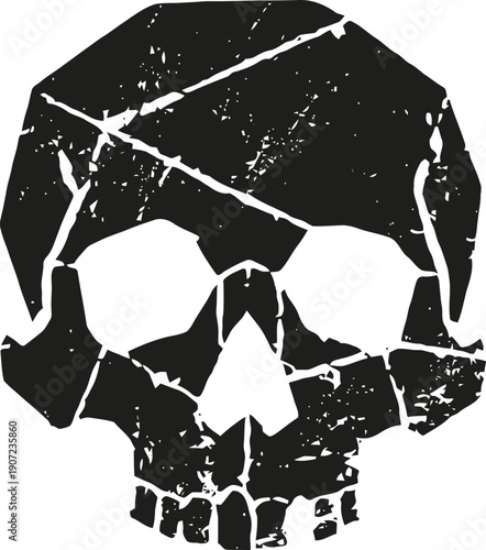 Grunge black skull illustration with cracks and scratches on white background