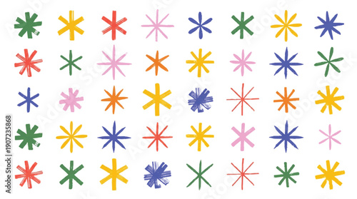 colorful asterisks in various colors and styles arranged in rows