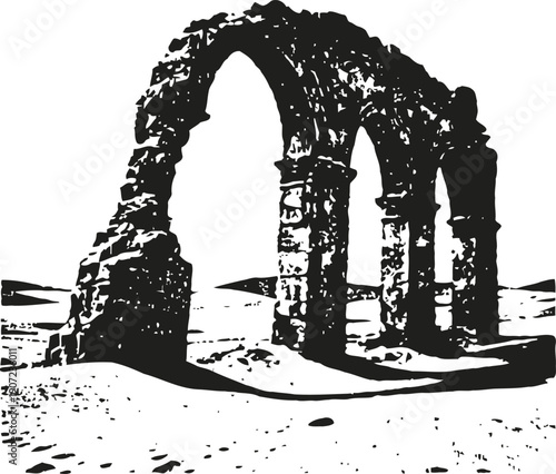 Ancient stone arches ruins in desert landscape with sandy terrain and clear sky