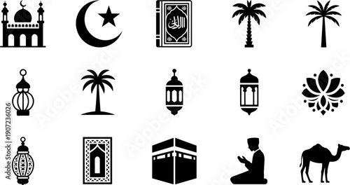 Islamic icons collection, mosque silhouette crescent moon, Quran holy book, lanterns, palm trees, Kaaba, prayer posture, camel, geometric pattern, cultural heritage illustration