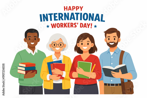 Flat Vector Illustration of Teachers Standing Together for International Workers' Day
