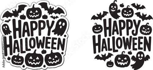 Happy Halloween text with cute ghosts, bats, and pumpkins in black silhouette on a white background, perfect for spooky celebrations and holiday designs.