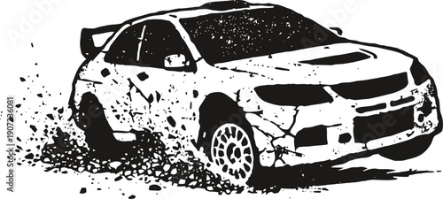 Rally car drifting on dirt road, off road racing sport, dynamic fast driving stunt