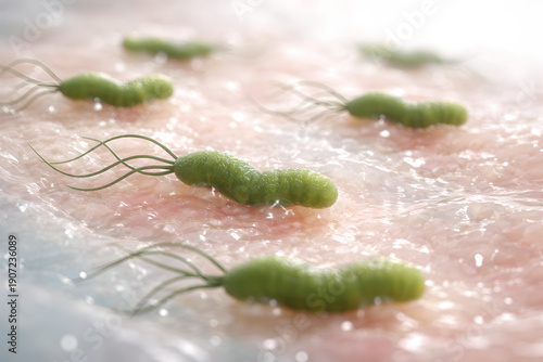 Photorealistic 3D visualization stomach mucosa showing Helicobacter pylori colonization: a few spiral-shaped bacteria with flagella embedded within the protective mucus layer near gastric epithelial s