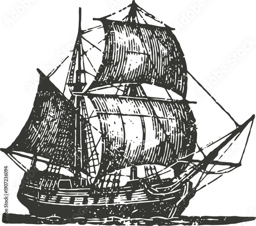 Vintage sailing ship illustration with full sails on calm sea, antique nautical vessel drawing