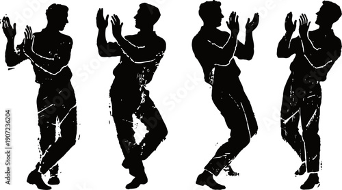 vintage distressed male dancer silhouettes in dynamic joyful poses, energetic dancing and celebration