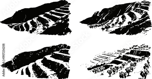 Terraced hillside landscape illustrations various stepped agricultural fields and slopes