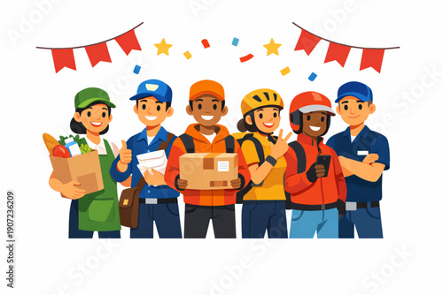 Flat Vector Illustration of Delivery Workers Standing Together for International Workers' Day