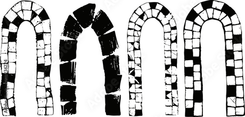 four black and white mosaic arch illustrations with various tile patterns and designs