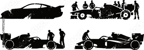 silhouettes of formula race car and team crew preparing vehicle for motorsport competition