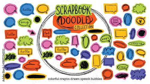 Colorful crayon drawn speech bubbles for scrapbooking and doodling  creative communication symbols