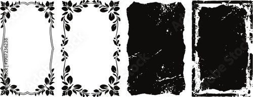 Vintage floral and grunge frames collection with black distressed borders and decorative leaf design elements