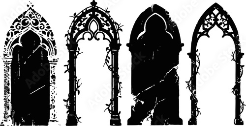 Gothic arch silhouettes with ornate decorations and climbing vines, vintage architectural elements