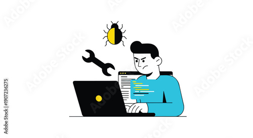 Vector illustration of a male programmer debugging code on laptop with bug and wrench icons, software development concept isolated on white