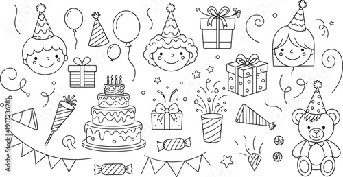Hand drawn birthday party vector icon set with tiered cake, party hats, balloons, gift boxes, confetti poppers, and happy children for festive celebrations.