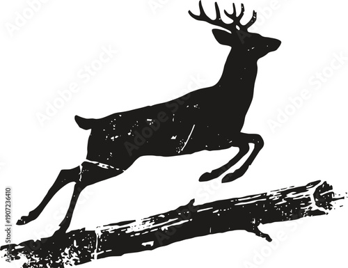 Silhouette of a leaping deer over a fallen log with textured vintage effect