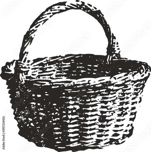 Hand drawn vintage woven basket with handle and detailed wicker texture illustration