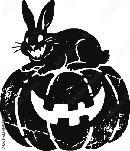 Scary halloween pumpkin with creepy sinister rabbit sitting on top spooky holiday design