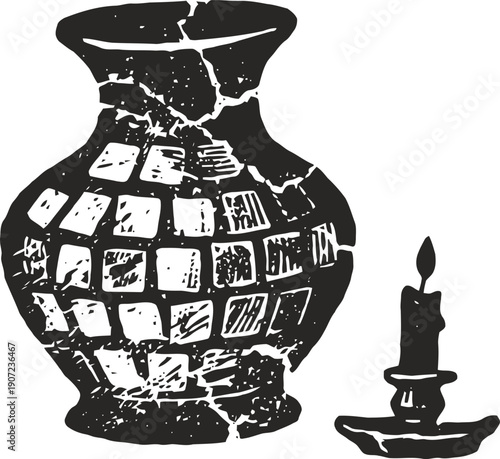 ancient cracked ceramic vase and lit candle on holder vintage silhouette