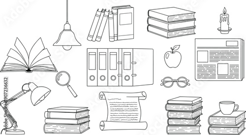 Hand drawn library and education vector icon set with stacks of books, reading lamps, magnifying glass, newspaper, and candle for academic study designs.
