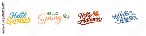 Four seasons typography bundle with Hello Summer , Hello Spring, Hello Autumn and  Hello Winter lettering designs. high-quality seasonal logo vector pack.