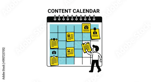 Content Calendar vector illustration with person organizing tasks on a blue grid calendar, social media planning, isolated on white